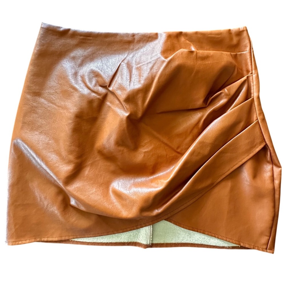 Cognac Faux Leather Mini Skirt Ruched Tulip Hem High Waisted Brown Vegan Leather - Picture 2 of 8
